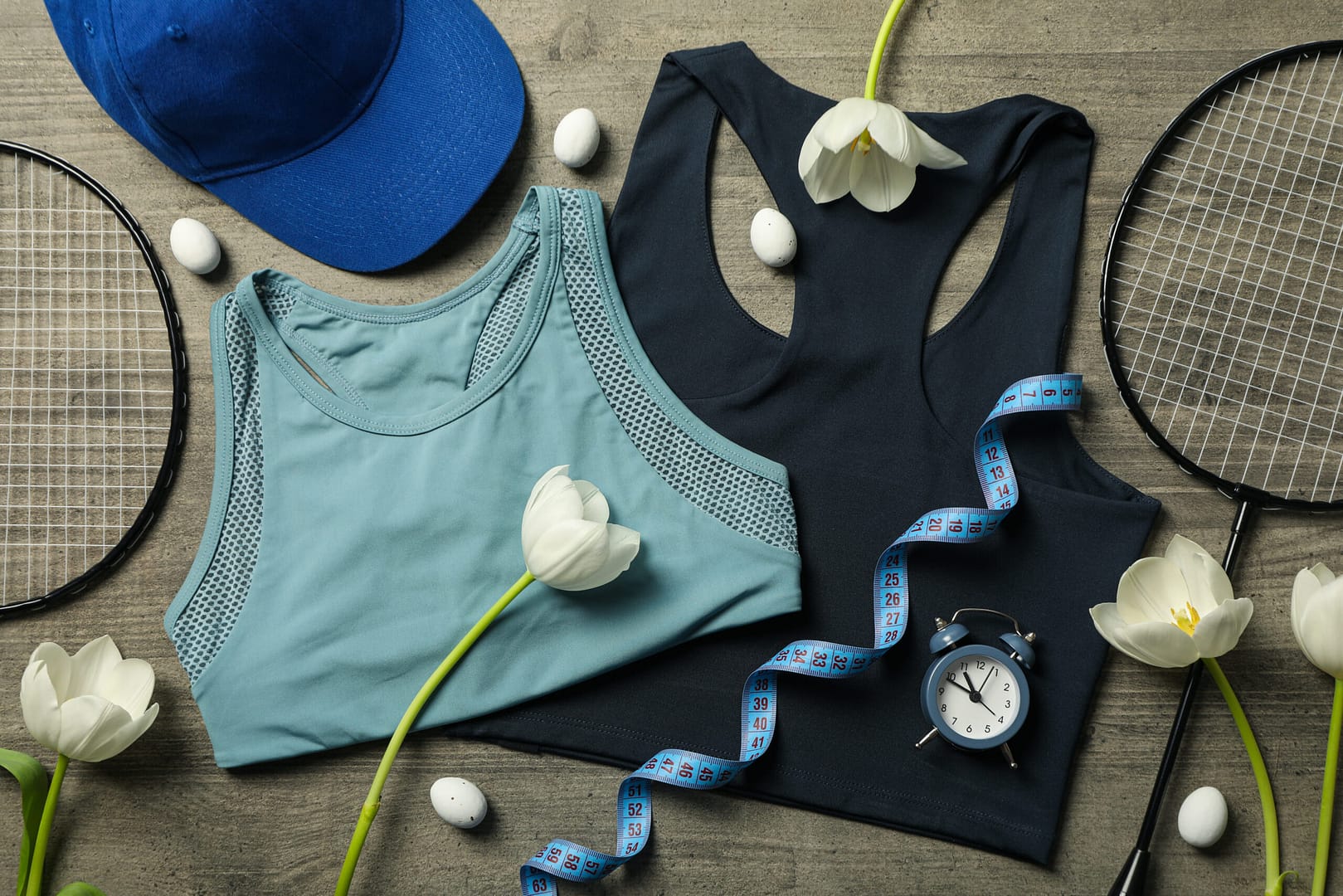 sportswear accessories with flowers wooden background scaled